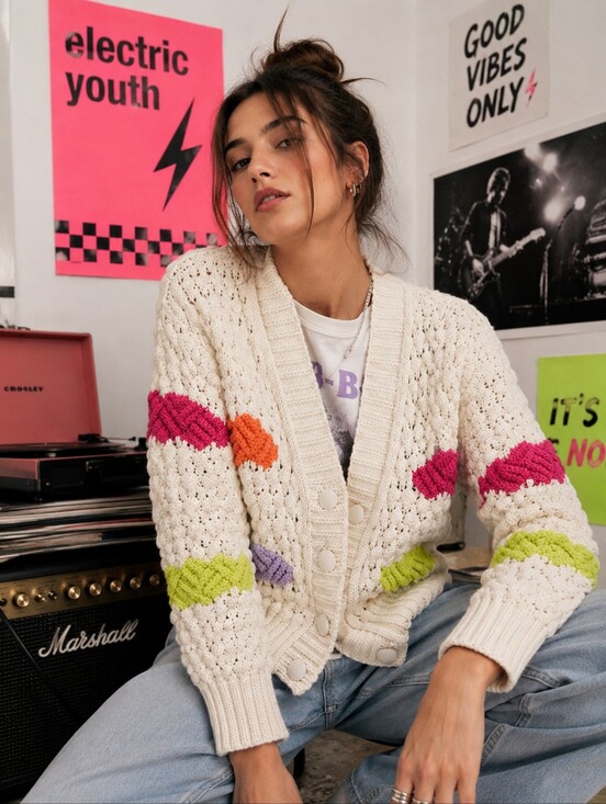Zara Sweaters - Zara Chunky Knit Colorblock Cardigan Cream Multicolor Size Medium